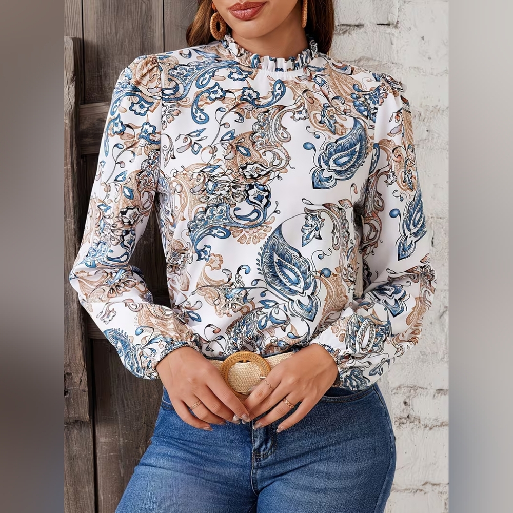 Womens Paisley Print Lantern Sleeve Ruffle Trim Shirt Blouse From Temu SzXL NWOT